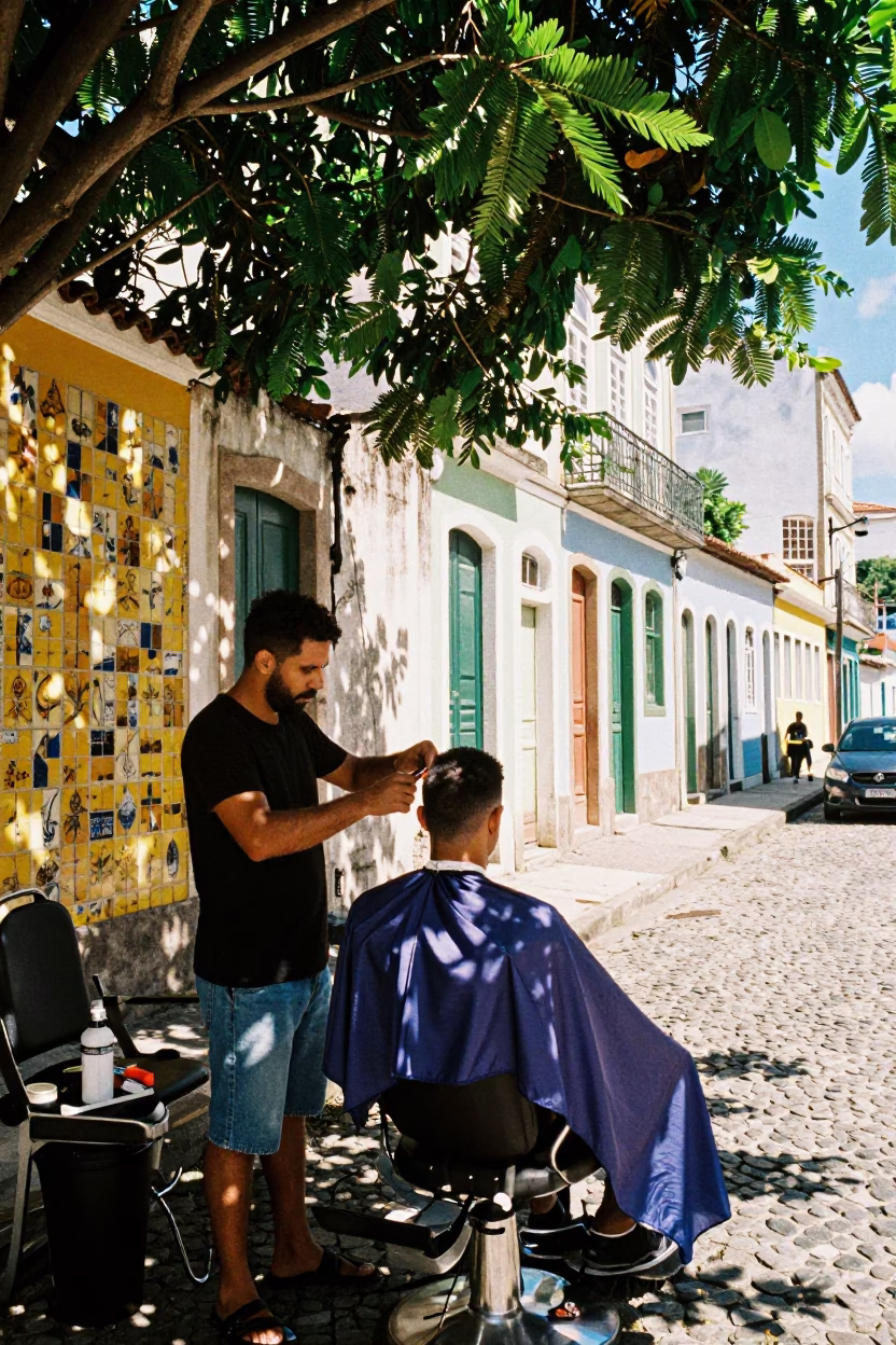 Vibrant Salvador Brazil Midday Street Barber Trimming Hair Under a Tree in in Salvador, Brazil