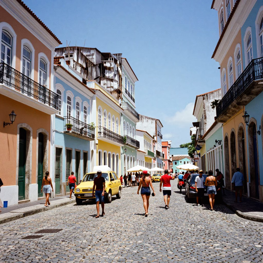 Vibrant Salvador Brazil Midday Street Scene with Colorful Architecture and Euphorbia Candelabra Tree in in Salvador, Brazil