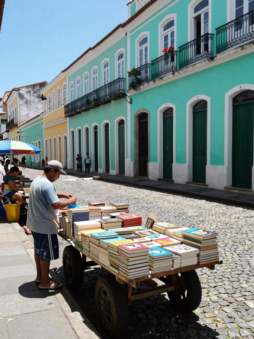 Vibrant Salvador Brazil Midday Street Scene with Local Market Goods and Colorful Colonial Architecture in in Salvador, Brazil