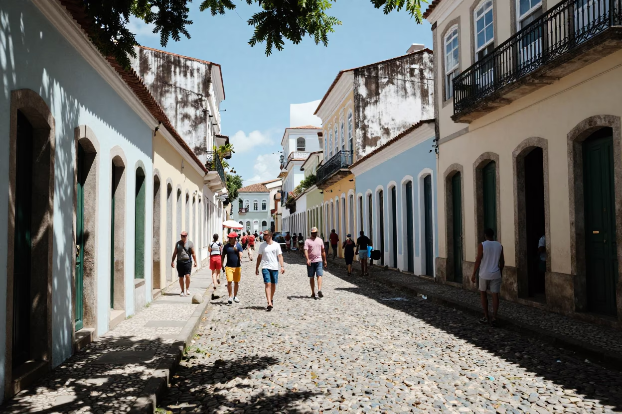 Vibrant Salvador Brazil Midday Street Scene with Sunlight and Local Life in in Salvador, Brazil