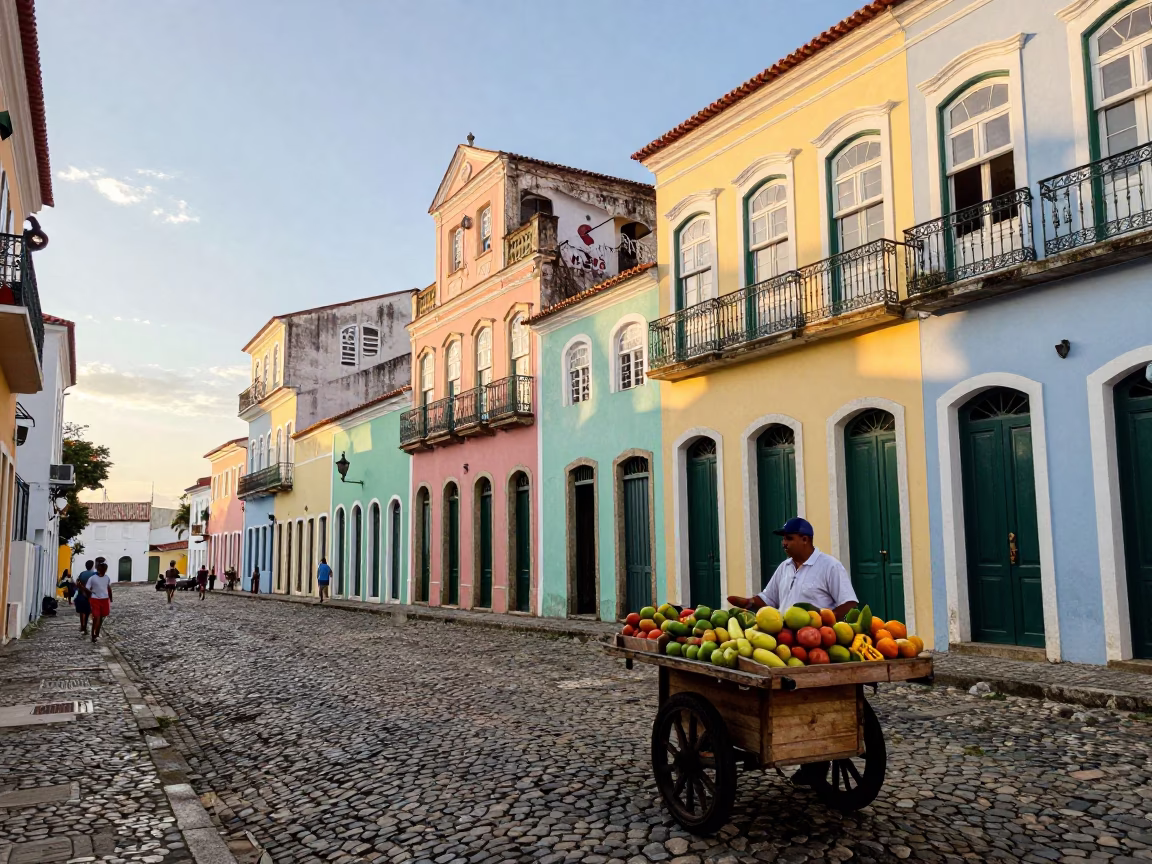Vibrant Salvador Brazil Morning Street Scene with Colorful Colonial Architecture and Local Market Activity in in Salvador, Brazil