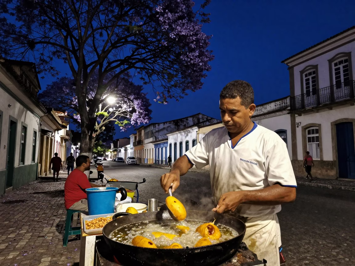 Vibrant Salvador Brazil Night Street Scene with Jacaranda Tree and Local Life in in Salvador, Brazil