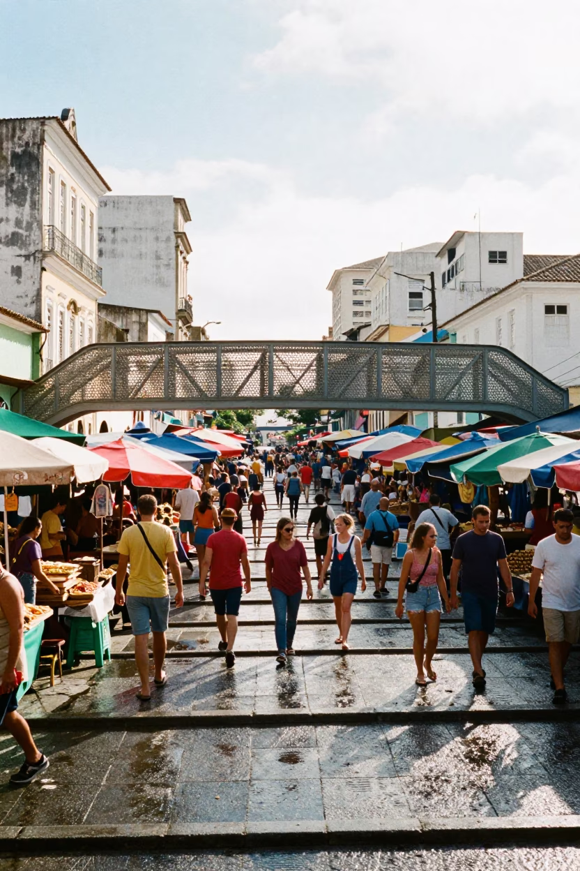 Vibrant Salvador Brazil Street Market Morning with Pedestrian Overpass and Local Commerce in in Salvador, Brazil