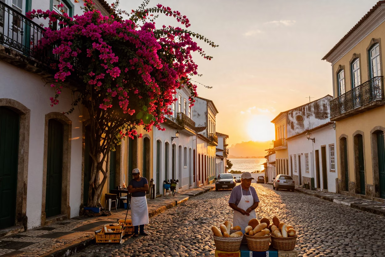 Vibrant Salvador Brazil Street Scene at Sunset with Bougainvillea and Local Life in in Salvador, Brazil