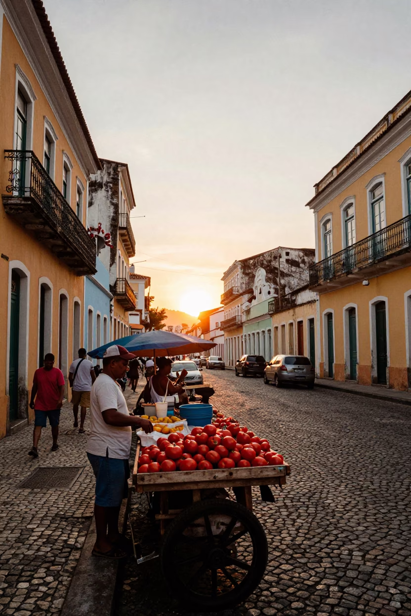 Vibrant Salvador Brazil Street Scene at Sunset with Local Market Activity in in Salvador, Brazil