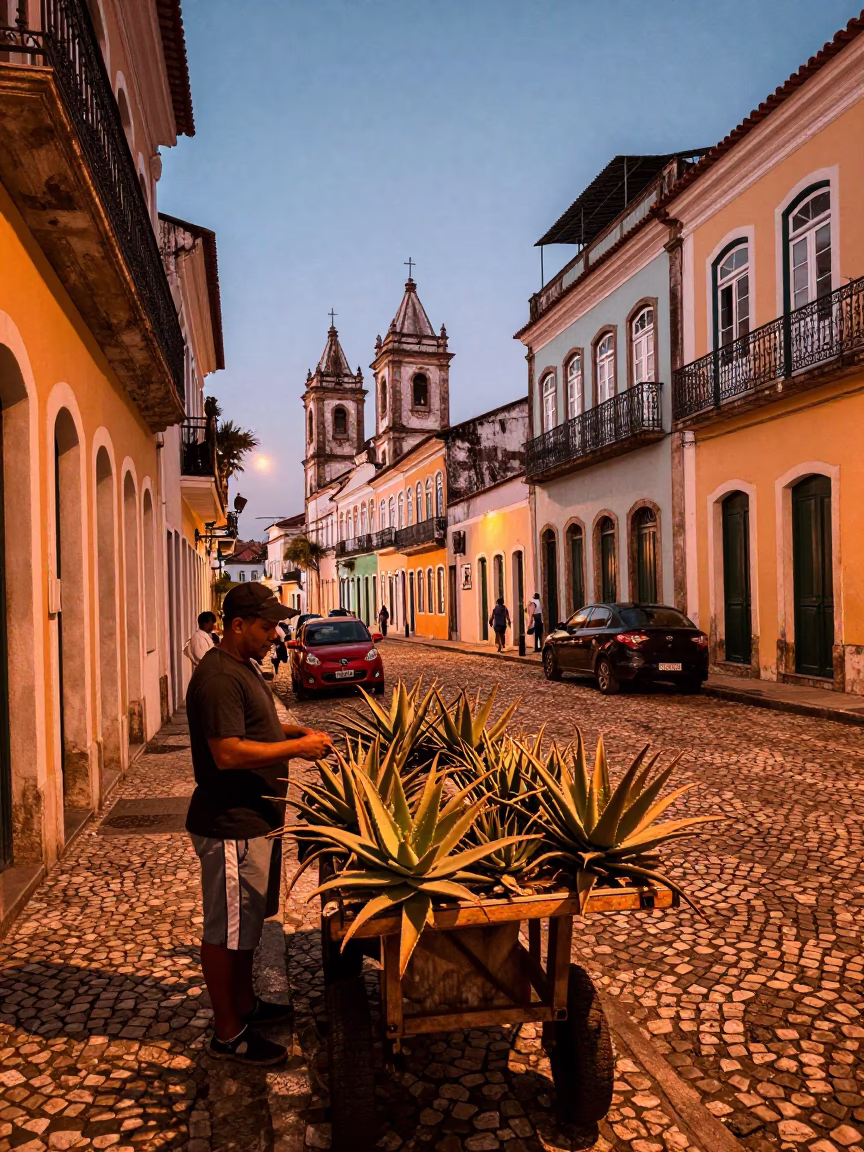 Vibrant Salvador Brazil Street Scene in Copper Dusk Light with Local Market Details in in Salvador, Brazil