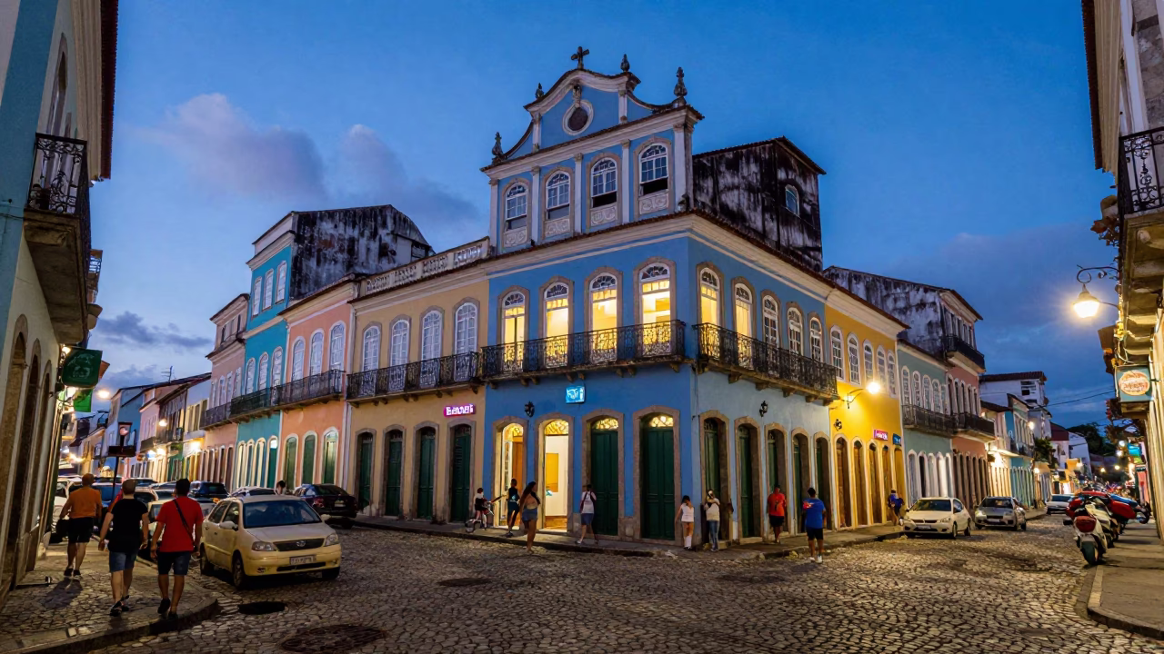 Vibrant Salvador Brazil Street Scene in Indigo Twilight with Colorful Architecture and Local Life in in Salvador, Brazil