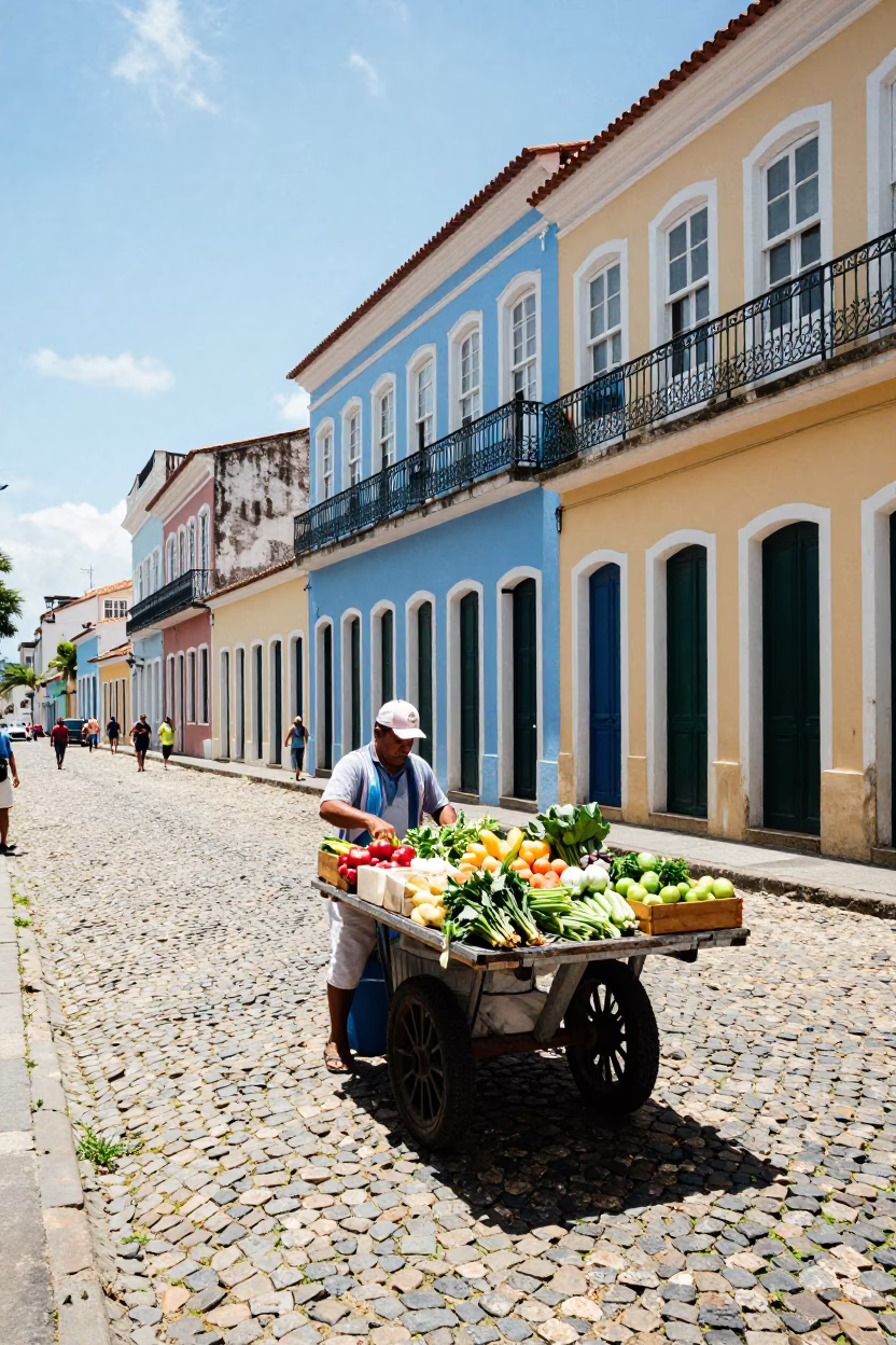 Vibrant Salvador Brazil Street Scene Midday Sunlight and Local Life in in Salvador, Brazil