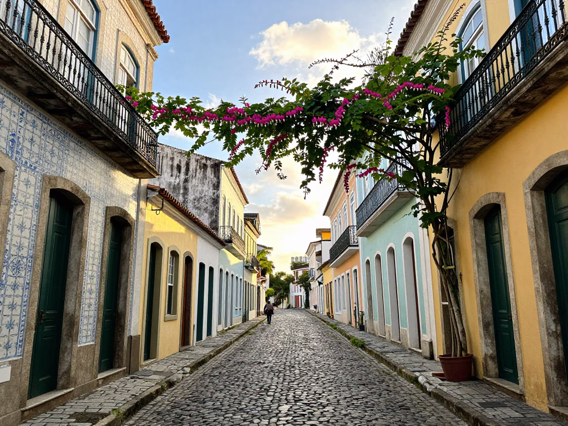 Vibrant Salvador Brazil Street Scene with Bleeding Heart Vine and Local Market Activity in in Salvador, Brazil