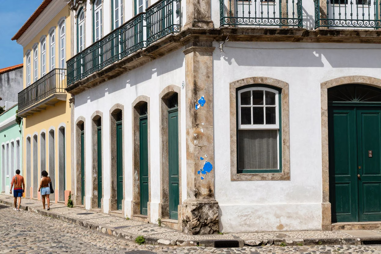 Vibrant Salvador Brazil Street Scene with Chipped Blue Enamel Details in Bright Midmorning Light in in Salvador, Brazil