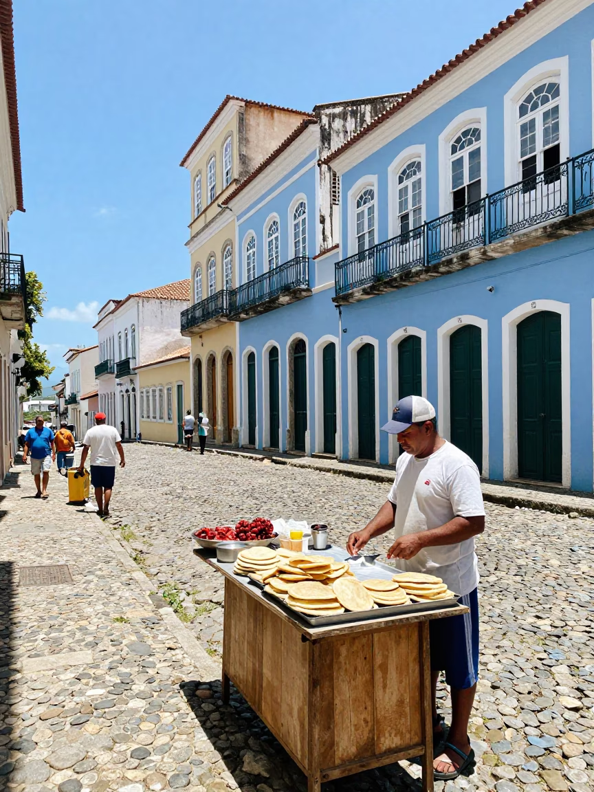Vibrant Salvador Brazil Street Scene with Colonial Architecture and Local Market Goods in in Salvador, Brazil