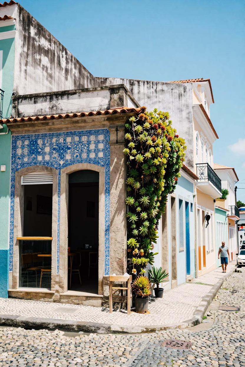 Vibrant Salvador Brazil Street Scene with Colorful Facades and Local Cafe Atmosphere in in Salvador, Brazil