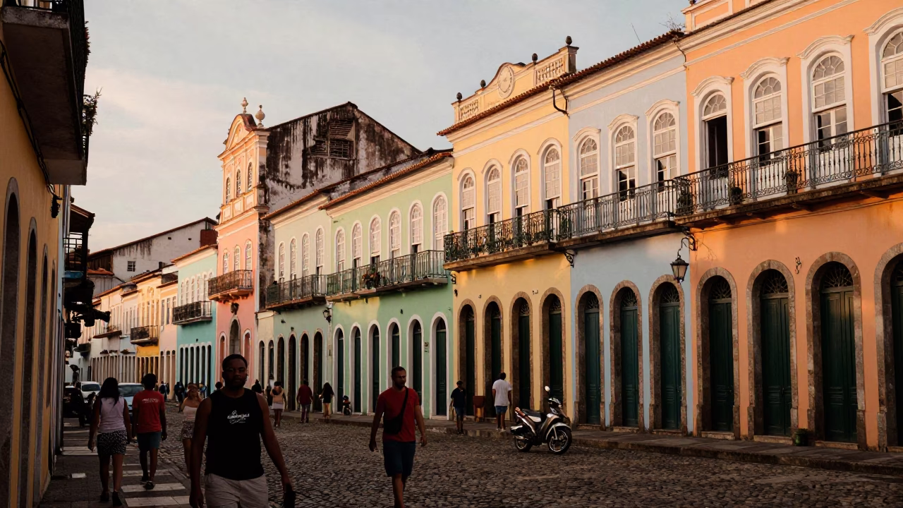 Vibrant Salvador Brazil Street Scene with Colorful Facades and Local Vendor in in Salvador, Brazil