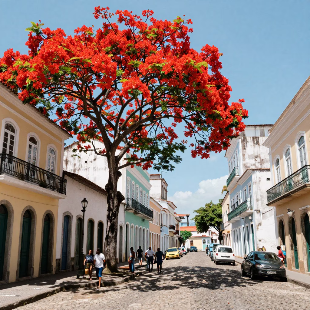 Vibrant Salvador Brazil Street Scene with Flame Tree and Local Fashion in in Salvador, Brazil