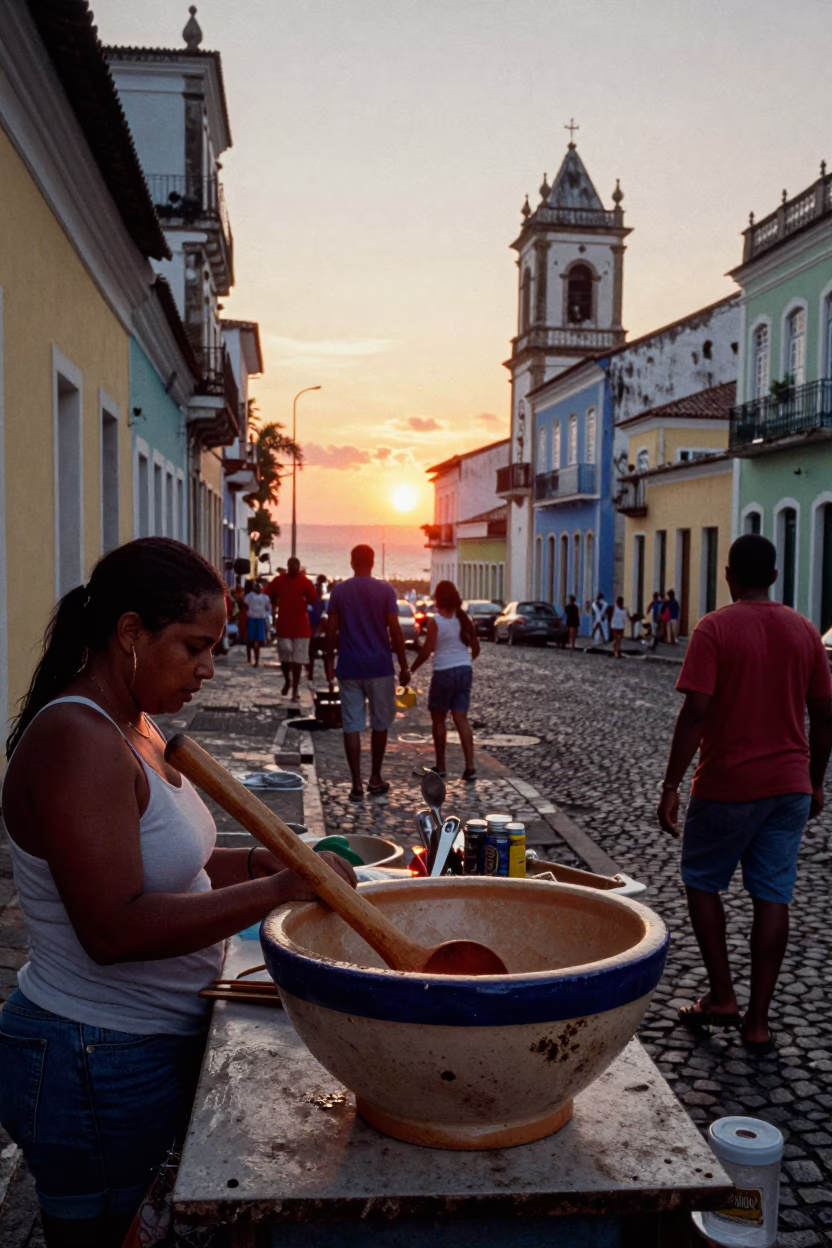 Vibrant Salvador Brazil Street Scene with Ladle and Utensil Crock at Sunset in in Salvador, Brazil