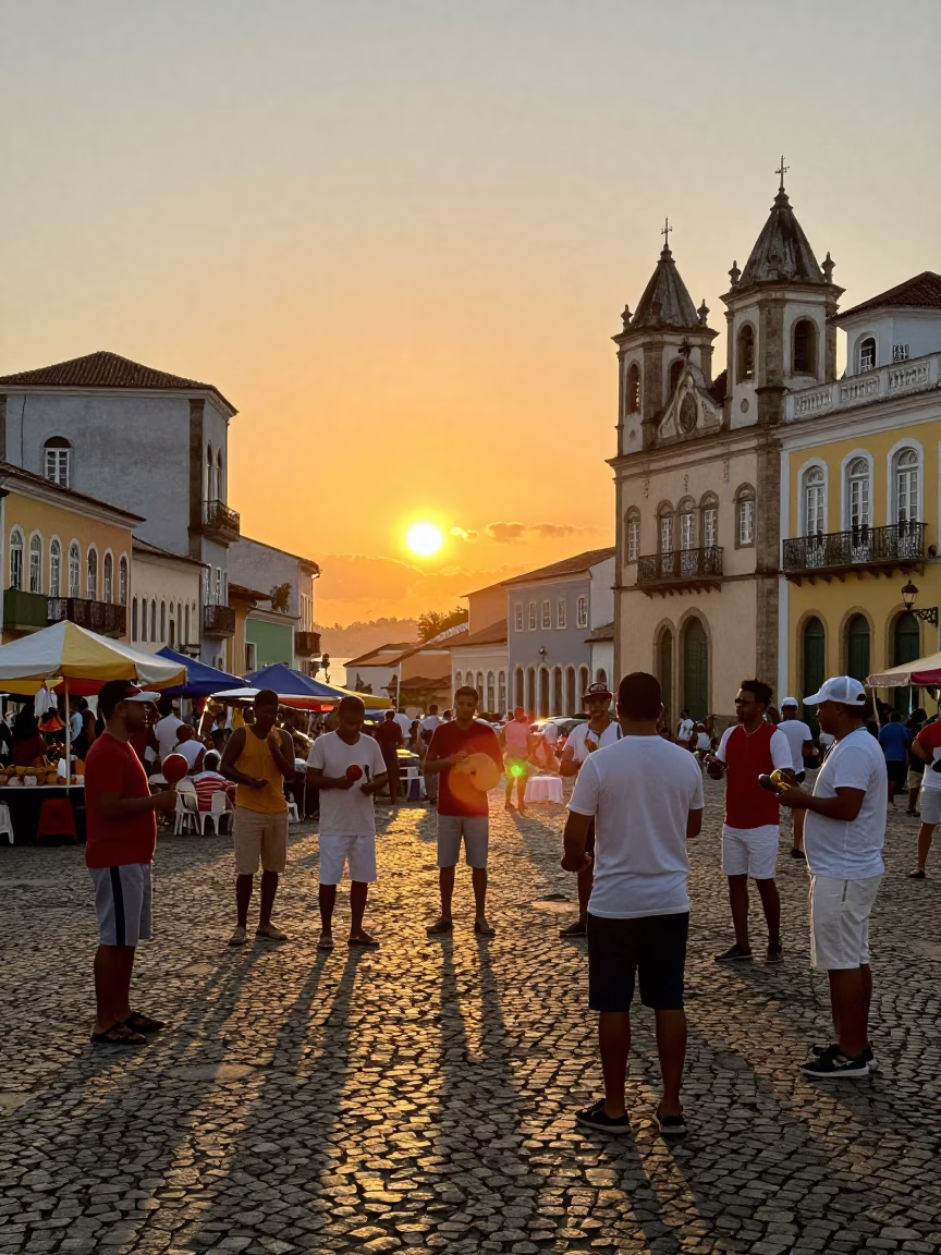 Vibrant Salvador Brazil Street Scene with Maracas and Local Market Activity at Sunset in in Salvador, Brazil