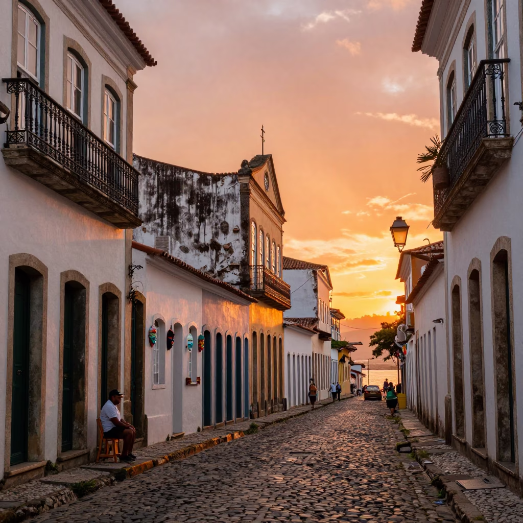 Vibrant Salvador Brazil Sunset Street Scene with Colorful Masks and Traditional Architecture in in Salvador, Brazil