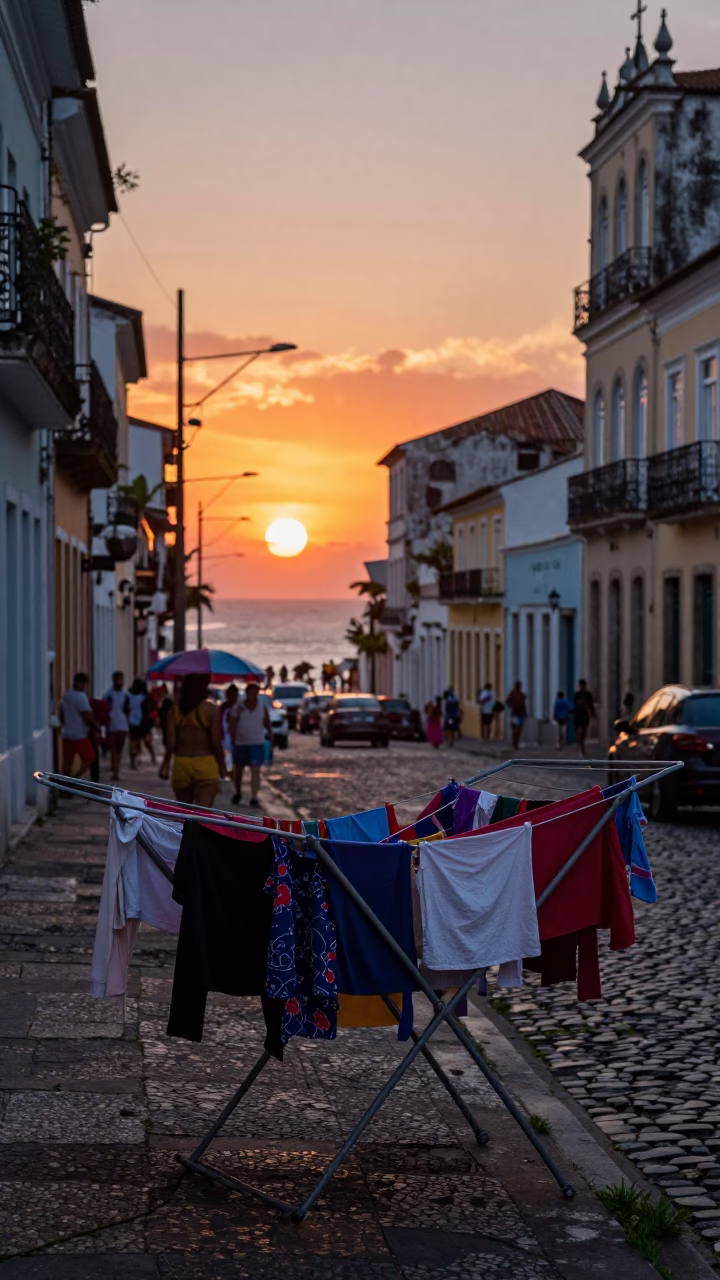 Vibrant Salvador Brazil Sunset Street Scene with Drying Rack and Colorful Colonial Architecture in in Salvador, Brazil