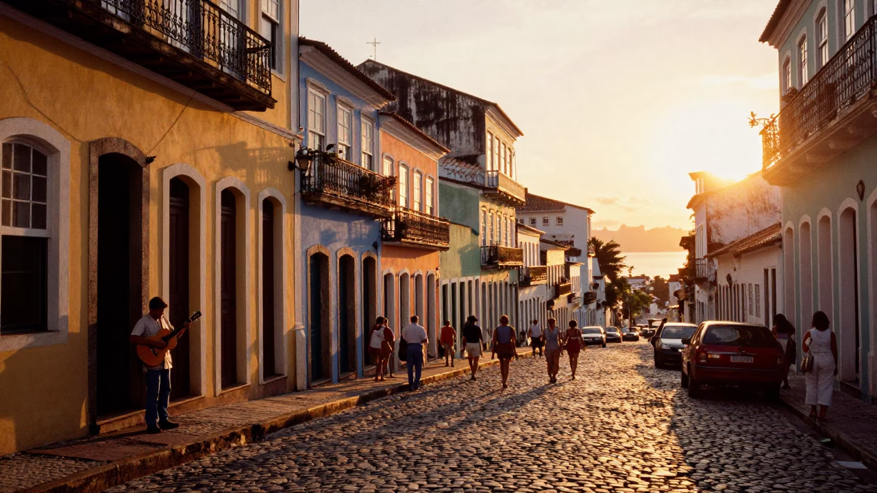 Vibrant Salvador Brazil Sunset Street Scene with Guitarist and Busy Traffic in in Salvador, Brazil