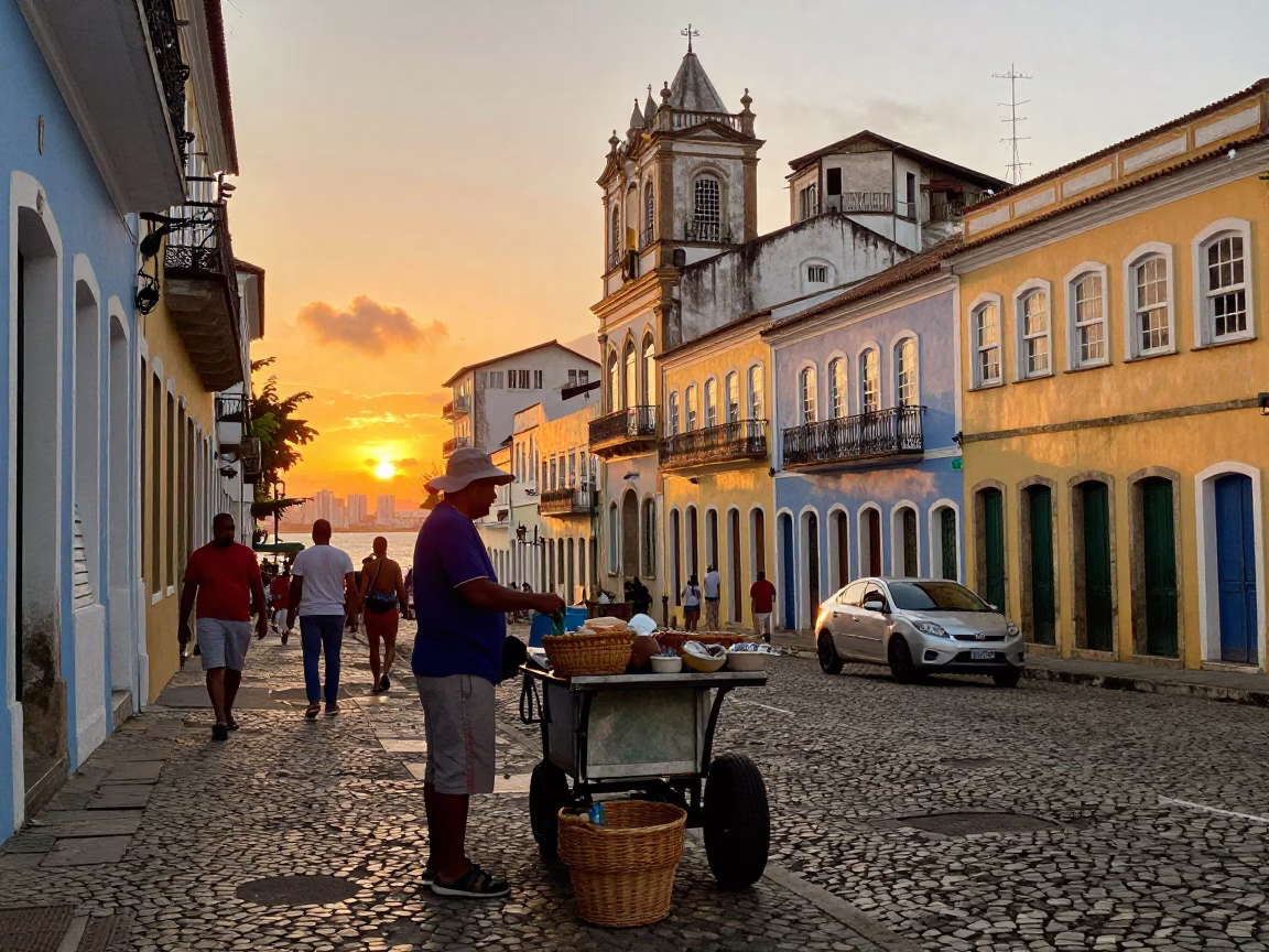 Vibrant Salvador Brazil Sunset Street Scene with Wicker Basket and Skillet Cooking in in Salvador, Brazil