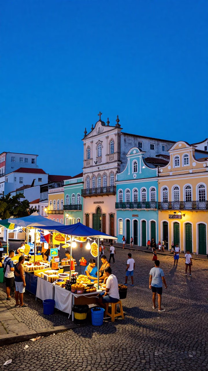 Vibrant Salvador Evening Street Scene with Local Food and Blue Hour Lighting in in Salvador, Brazil