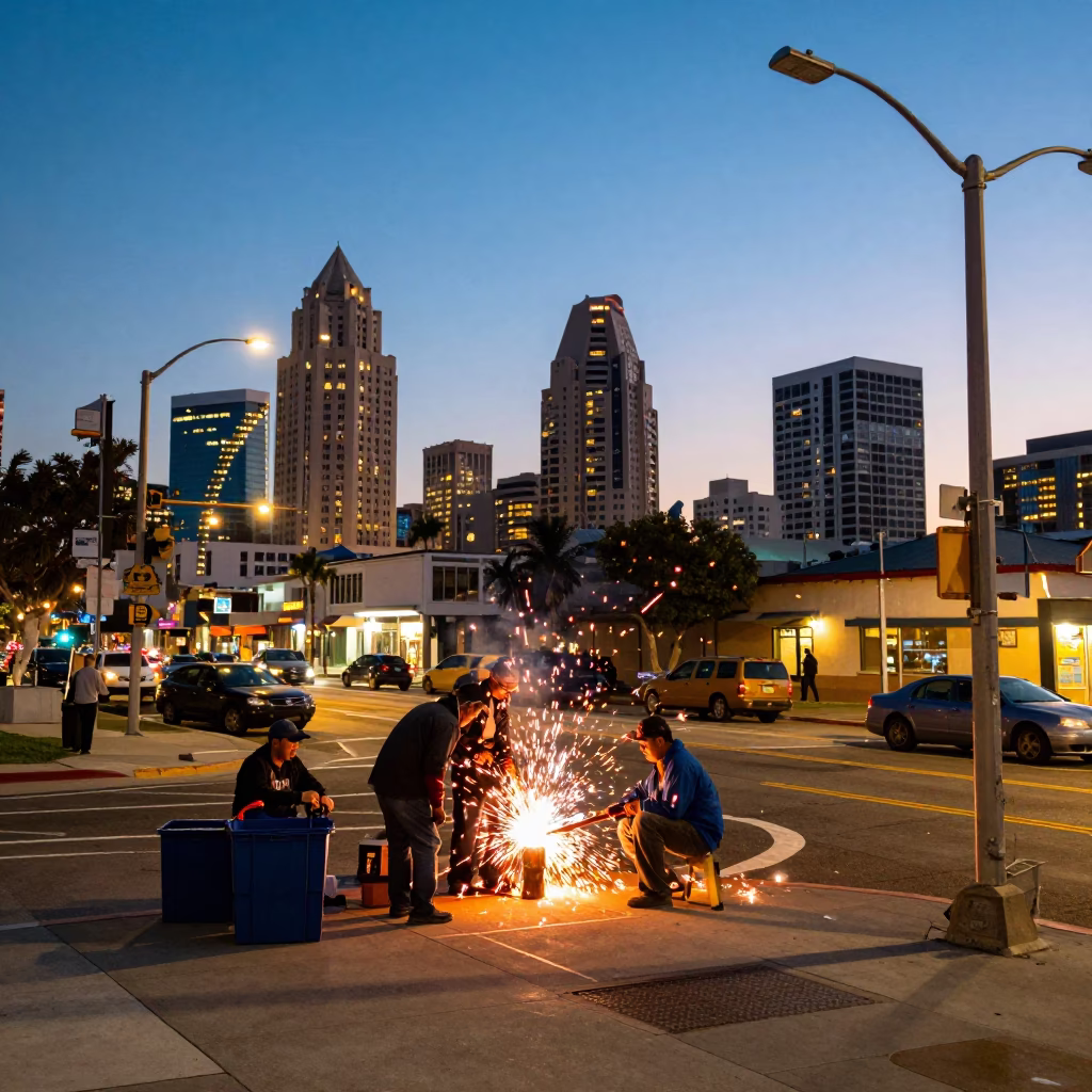 Vibrant San Diego Street Scene at Dusk with Welding Sparks and Urban Activity in in San Diego, California, United States