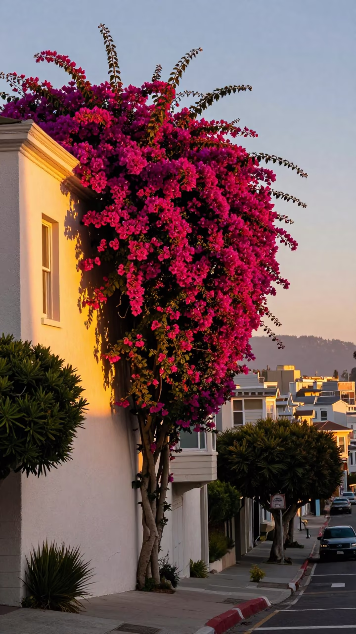 Vibrant San Francisco Sunset Street Scene with Bougainvillea Cascade and Urban Details in in San Francisco, California, United States