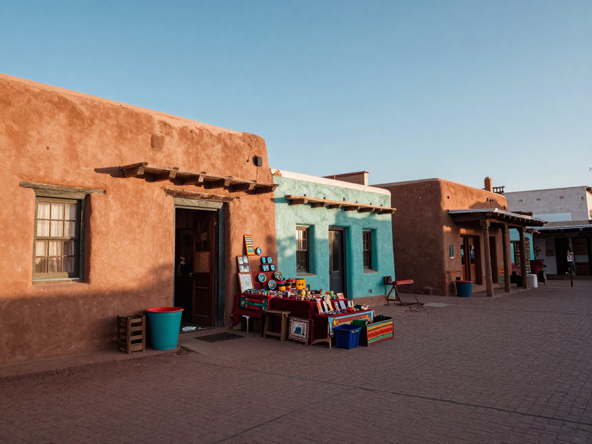 Vibrant Santa Fe Plaza Adobes and Colorful Market Goods in Late Afternoon Sunlight in in Santa Fe, New Mexico, United States
