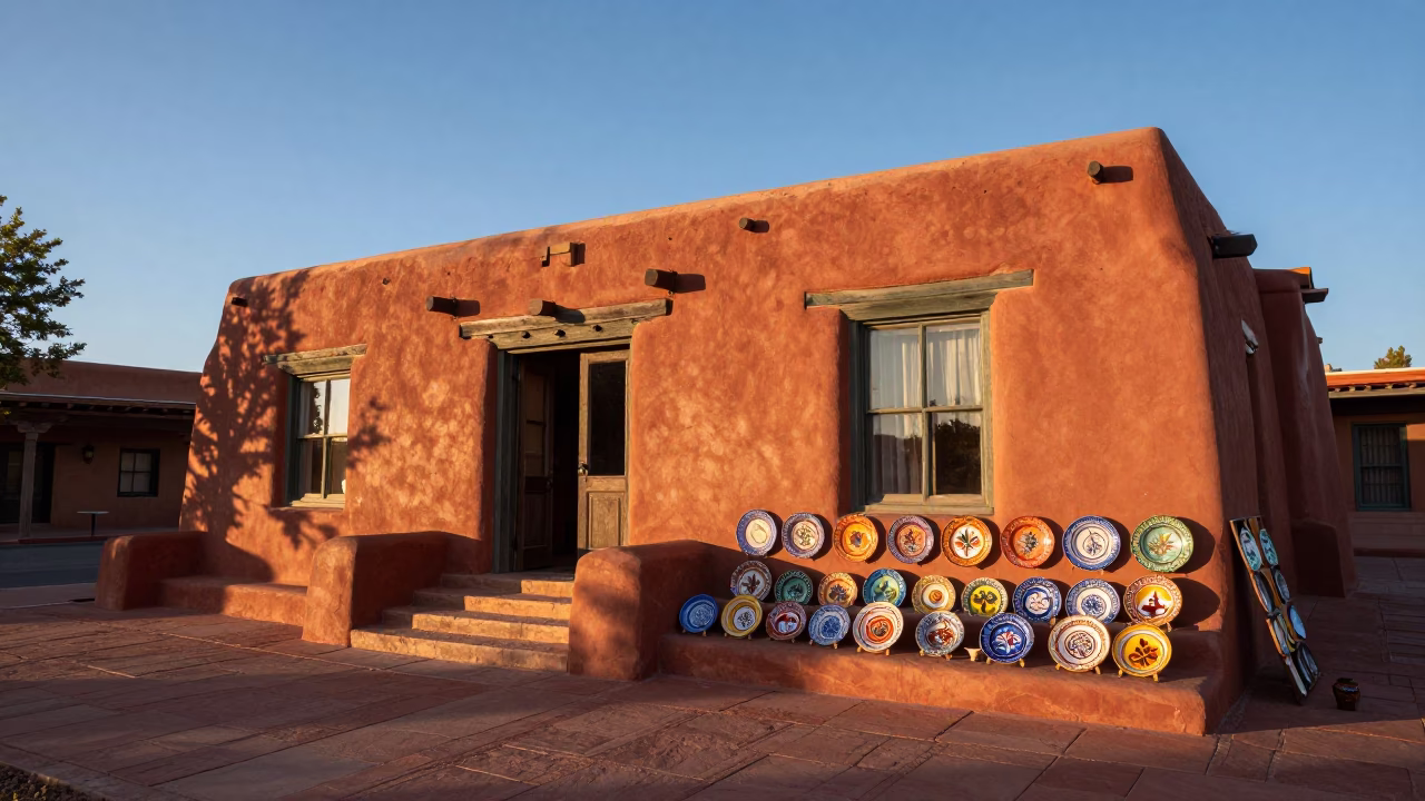 Vibrant Santa Fe Plaza Morning Light Illuminates Adobe Architecture and Local Artisans in in Santa Fe, New Mexico, United States
