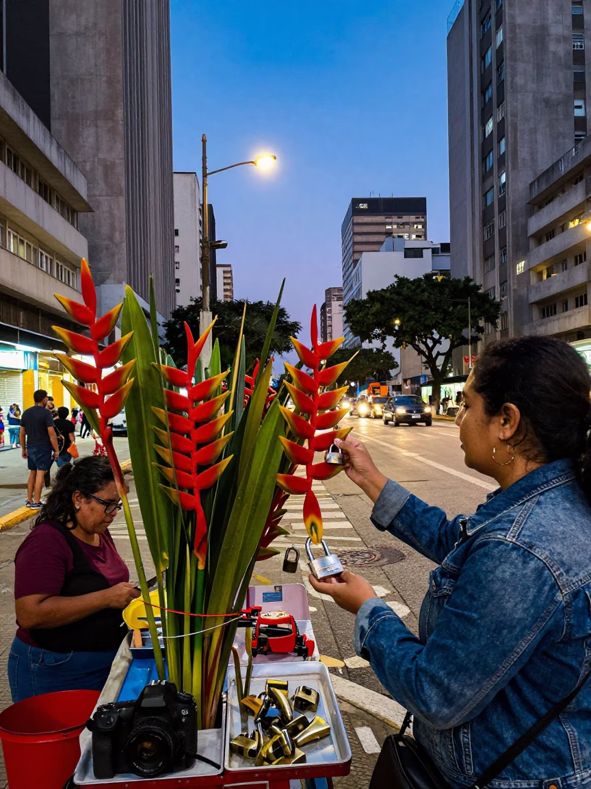 Vibrant São Paulo Evening Street Scene with Heliconia and Urban Details in in São Paulo, Brazil