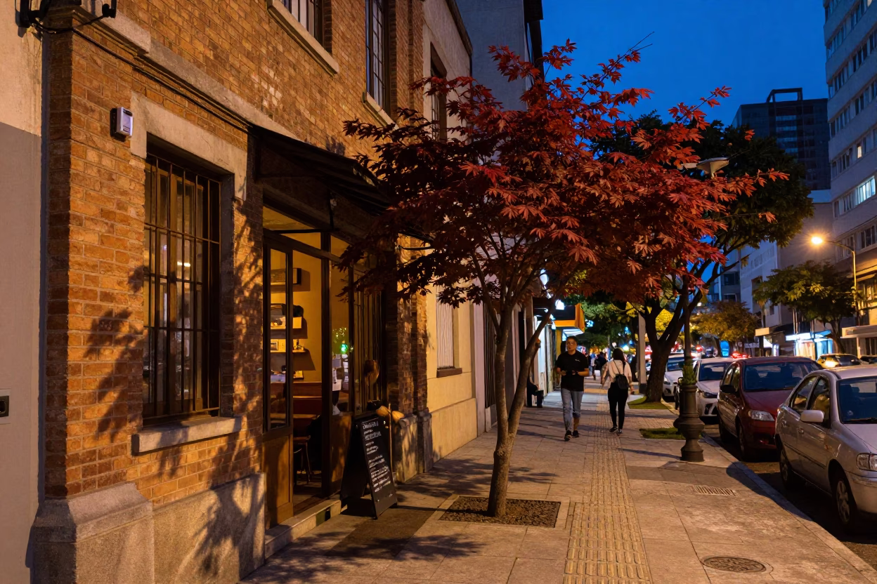 Vibrant São Paulo Street Scene at Twilight Featuring Japanese Maple and Rolling Pin in in São Paulo, Brazil