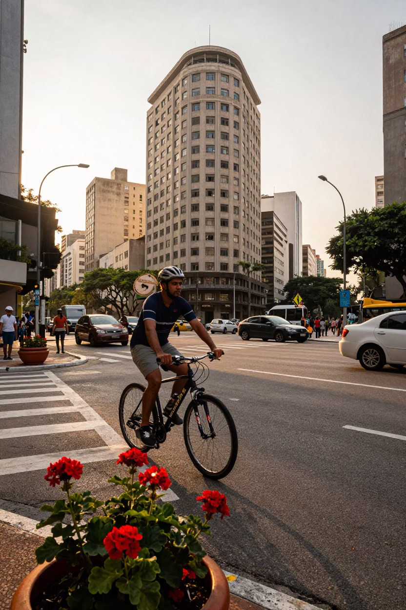 Vibrant São Paulo Street Scene with Cyclist and Potted Geraniums in in São Paulo, Brazil