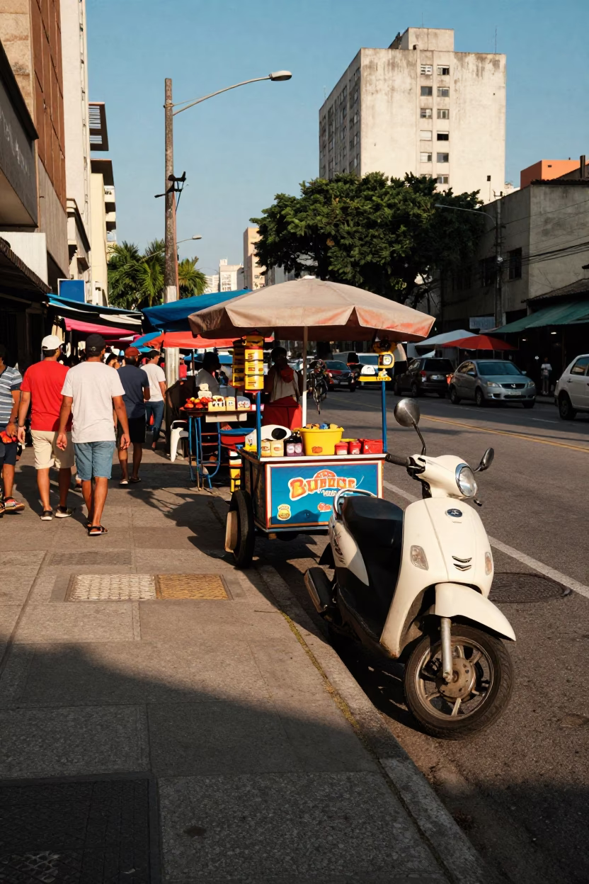 Vibrant São Paulo Street Scene with Scooter and Local Market Details in in São Paulo, Brazil