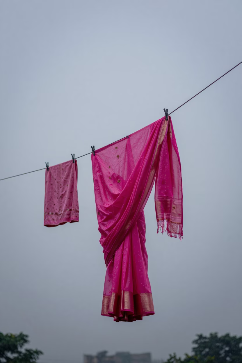 Vibrant Saree Drying on Wires Under Grey Delhi Sky After Morning Rain in in Delhi, India