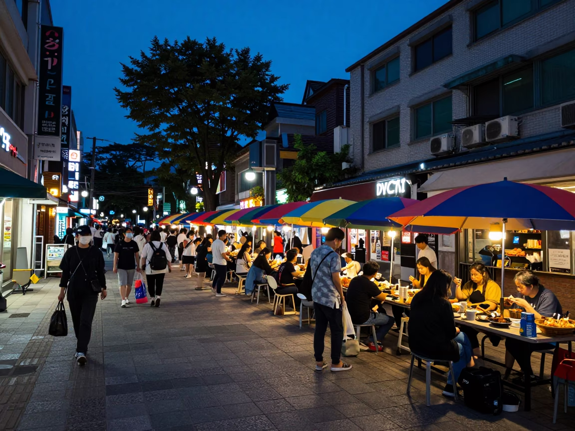 Vibrant Seoul Evening Street Scene with Umbrellas and Urban Life in in Seoul, South Korea