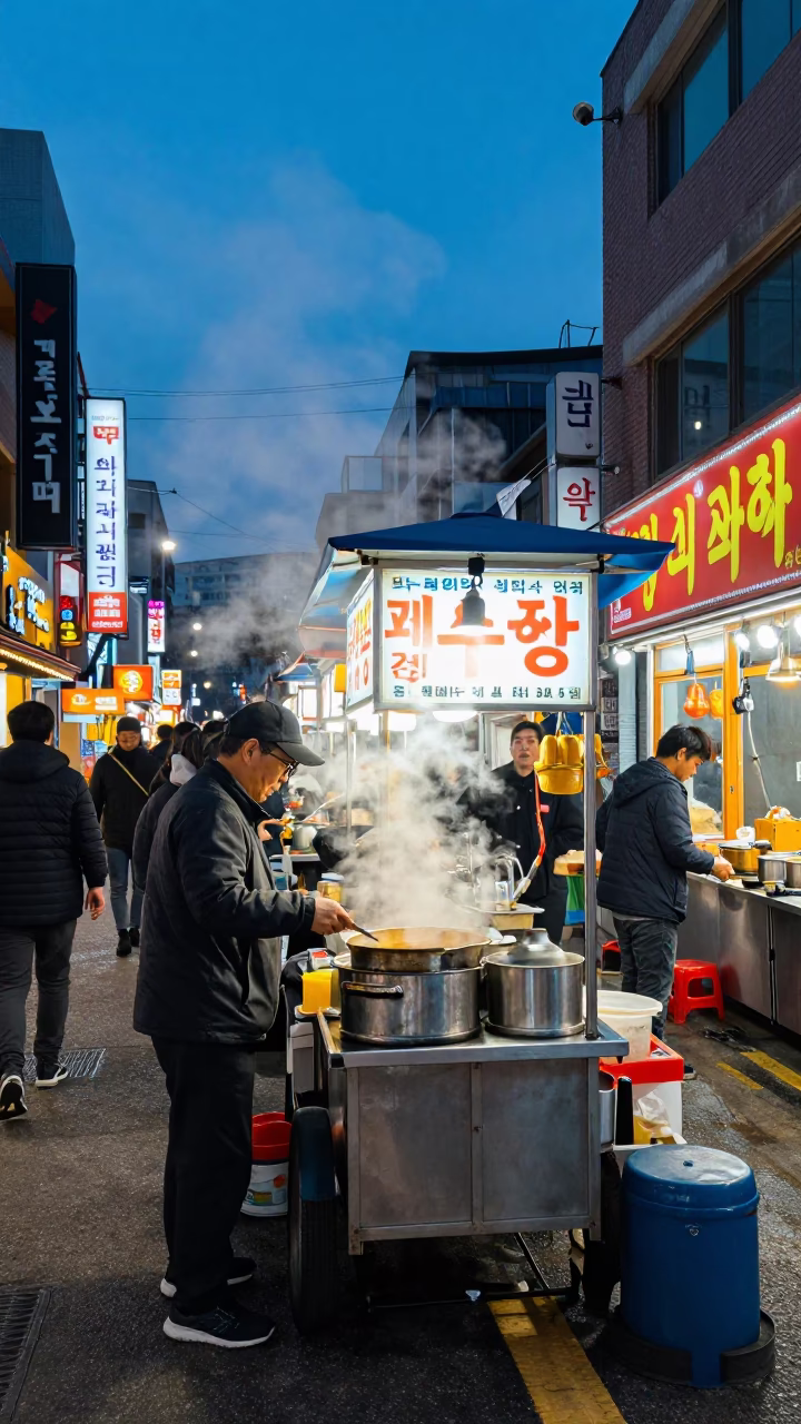 Vibrant Seoul Street Food Stall at Blue Hour with Steam and Neon Reflections in in Seoul, South Korea
