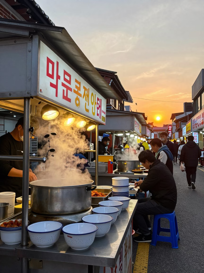 Vibrant Seoul street food stall at sunset with enamel bowls and cabbage plates in in Seoul, South Korea