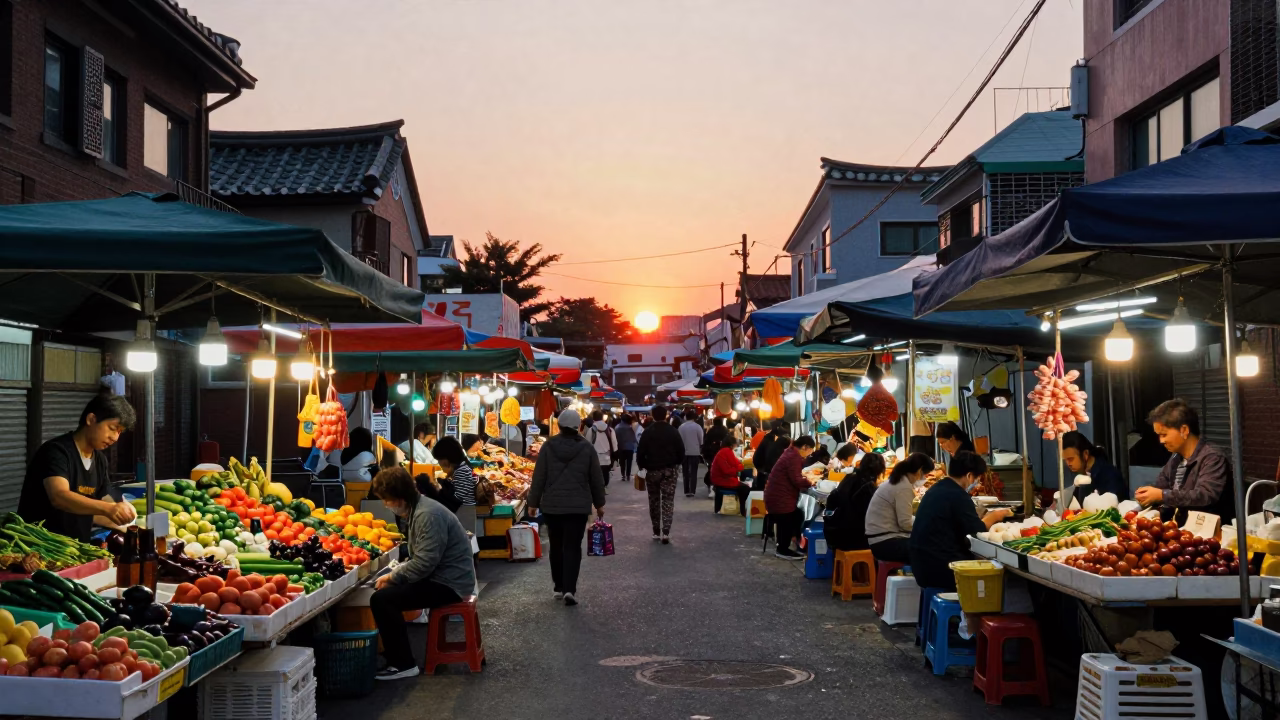 Vibrant Seoul Street Market at Sunset with Traditional Food and Woven Baskets in in Seoul, South Korea