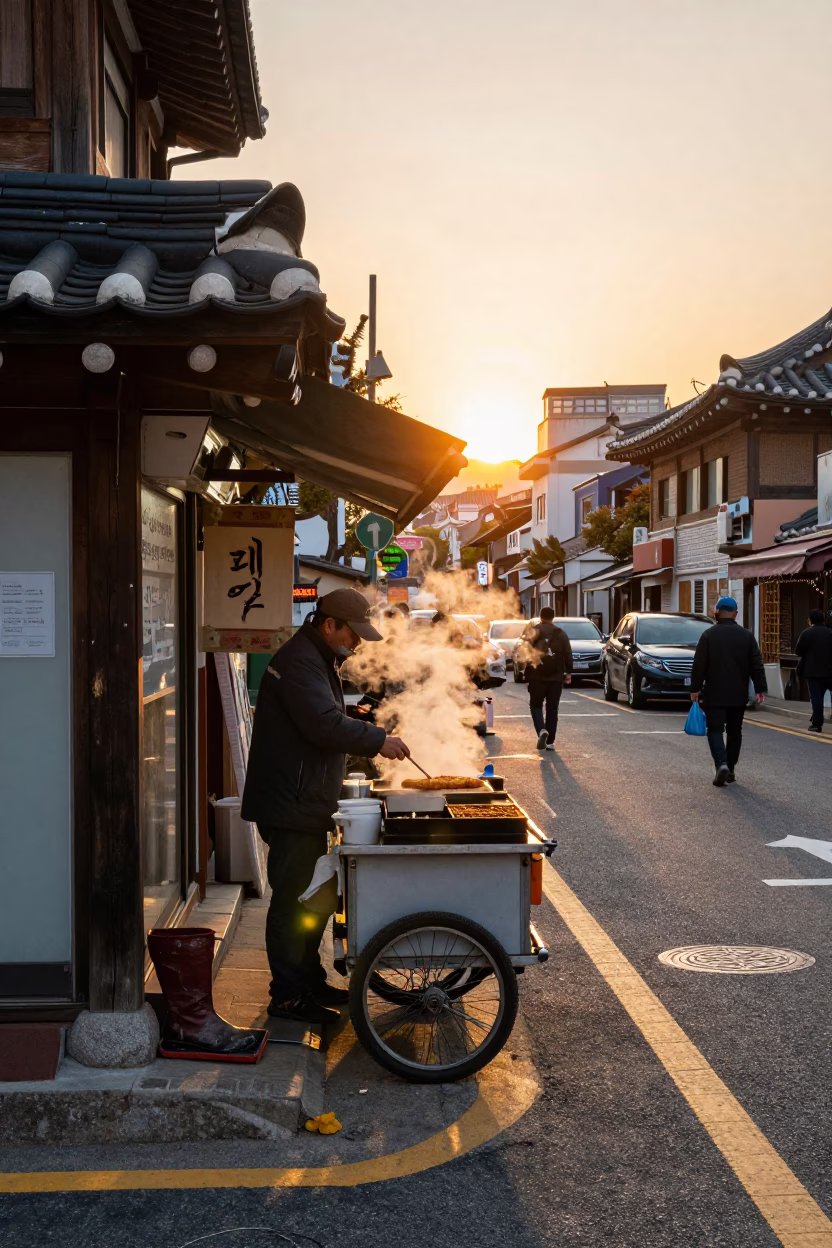 Vibrant Seoul Street Scene at Sunset with Traditional Korean Food and Urban Details in in Seoul, South Korea