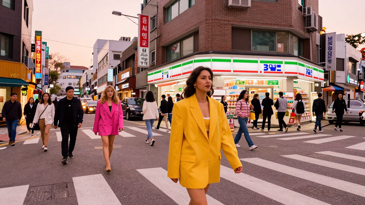 Vibrant Seoul Street Scene Before Dusk with Colorful Fashion and Urban Life in in Seoul, South Korea