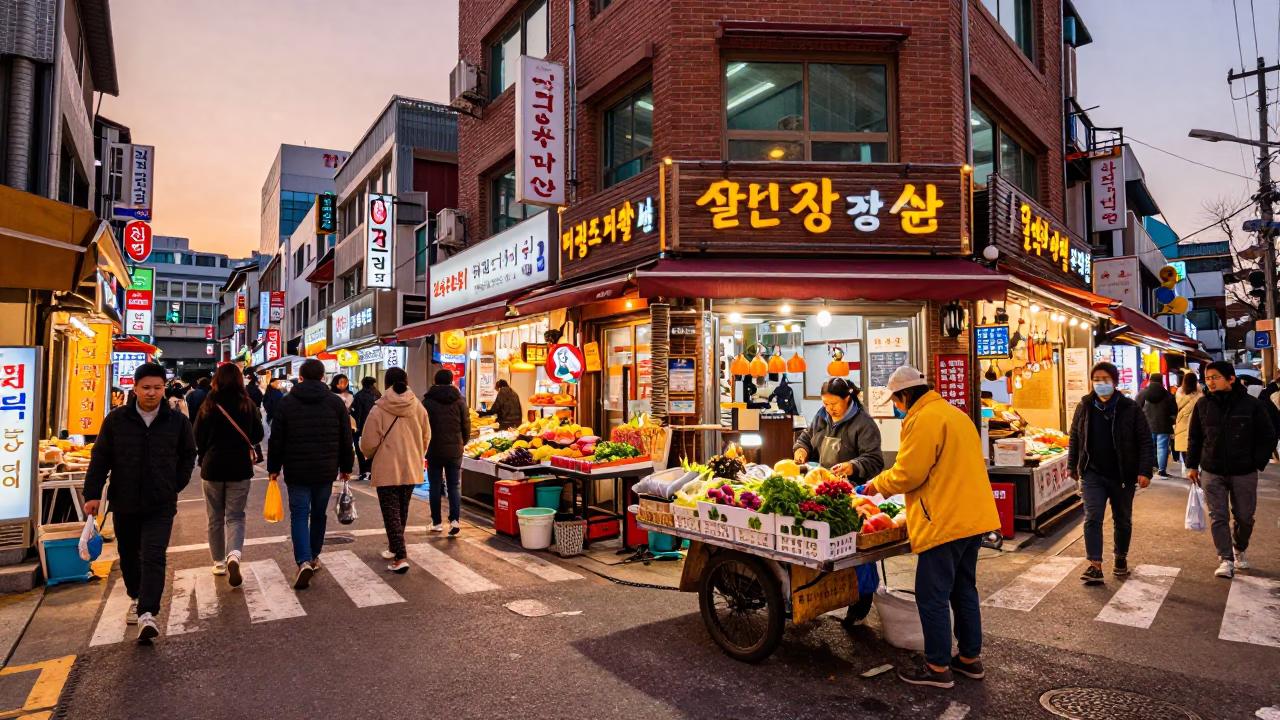 Vibrant Seoul Street Scene in Copper Dusk Light with Traditional Market Activity in in Seoul, South Korea