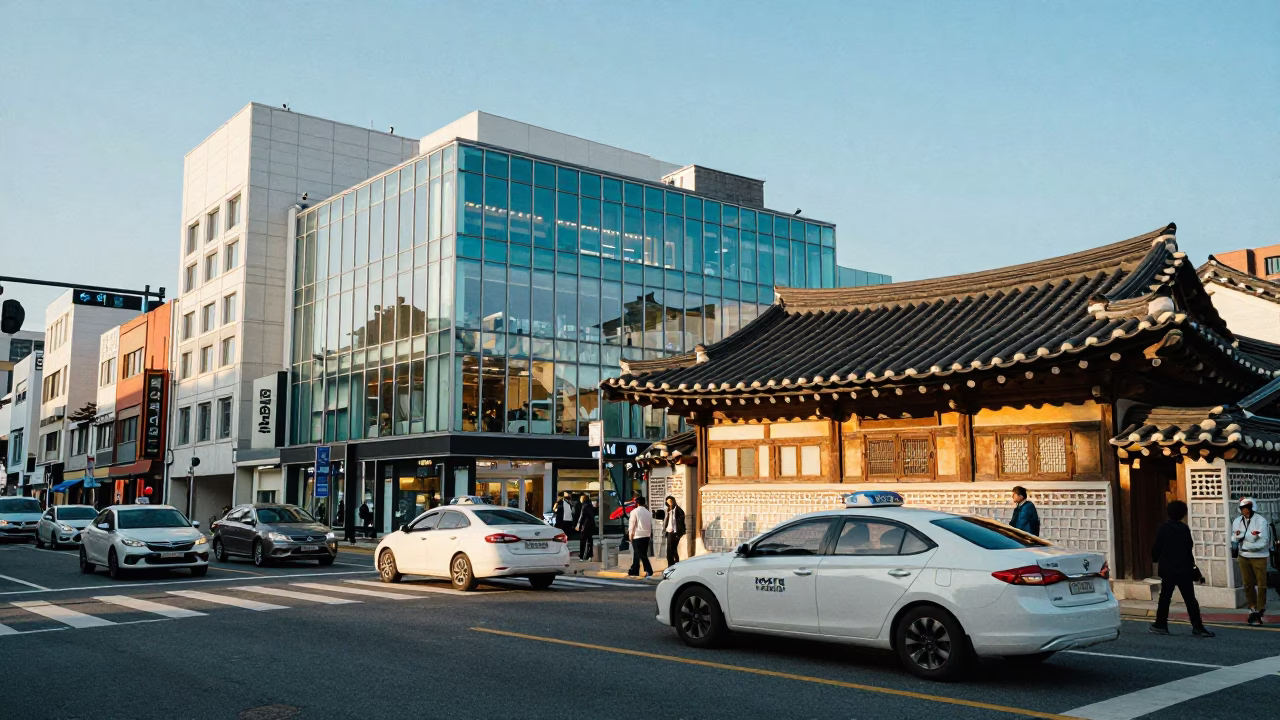 Vibrant Seoul Street Scene Late Afternoon Light with Traditional and Modern Elements in in Seoul, South Korea