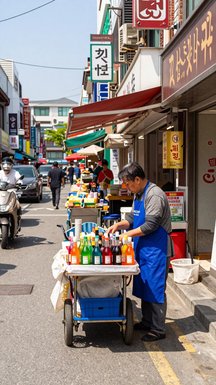 Vibrant Seoul Street Scene with Colorful Bottles and Apron Wearing Vendor in in Seoul, South Korea