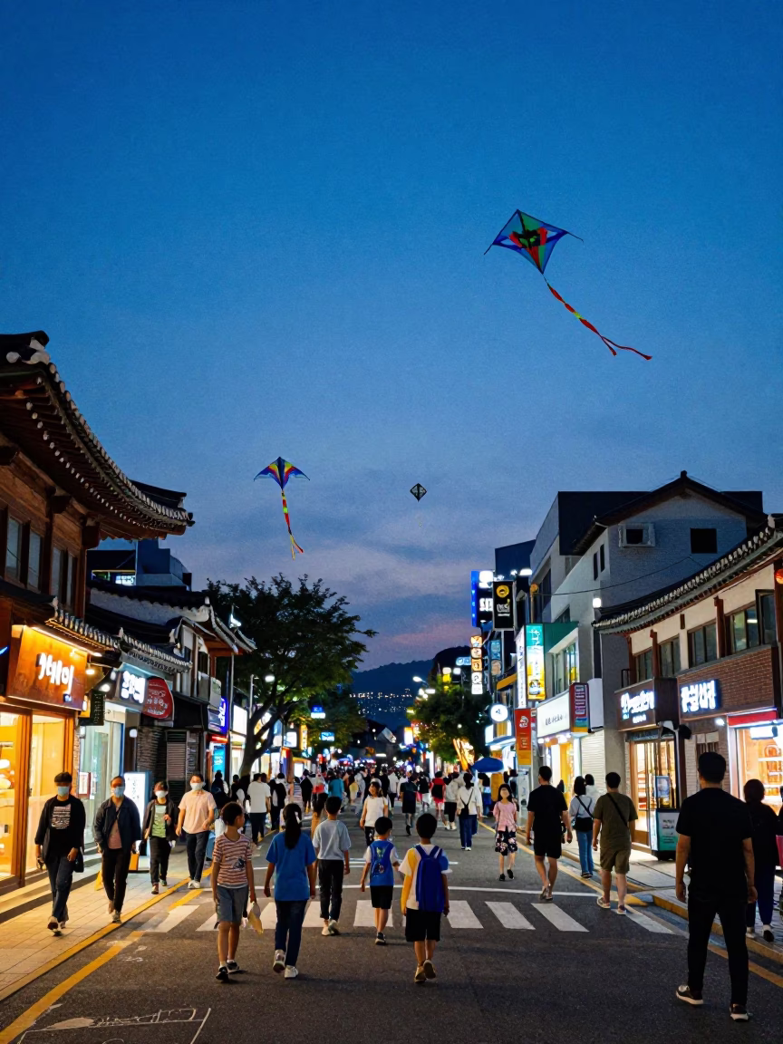 Vibrant Seoul Street Scene with Colorful Kites in Indigo Twilight in in Seoul, South Korea