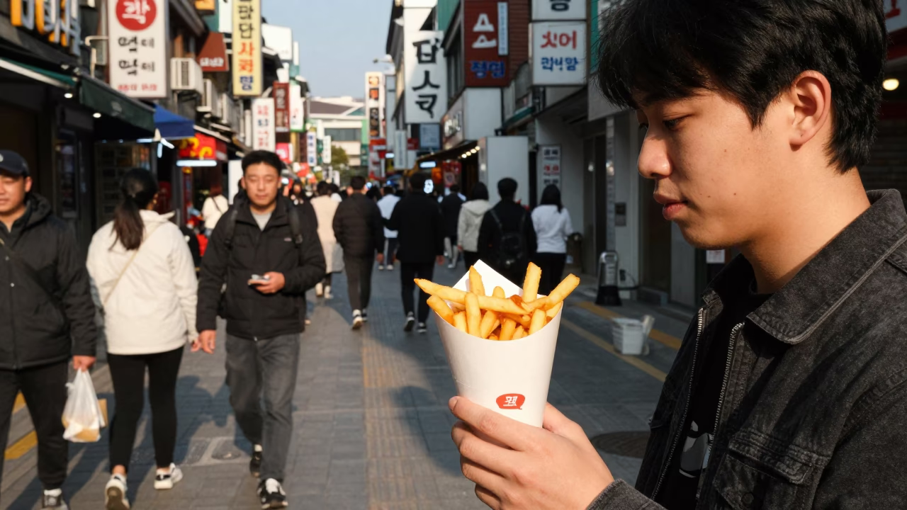 Vibrant Seoul Street Scene with Paper Cone Fries and Mayonnaise in Late Afternoon Light in in Seoul, South Korea