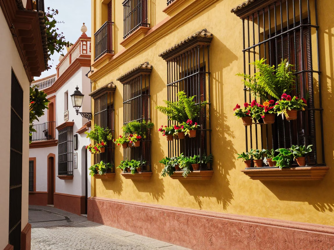 Vibrant Seville Afternoon Street Scene with Colorful Window Boxes and Traditional Architecture in in Seville, Spain
