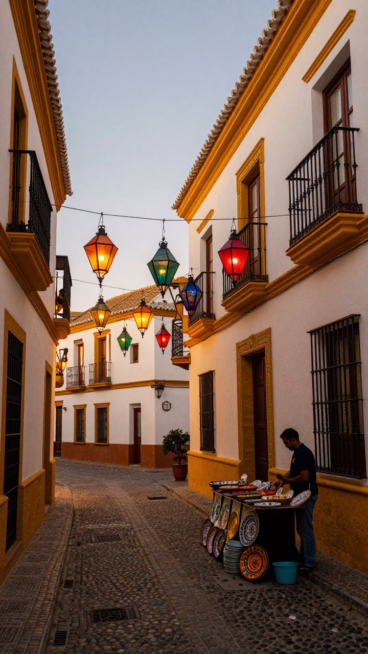 Vibrant Seville Evening Street Scene with Colorful Lanterns and Traditional Architecture in in Seville, Spain