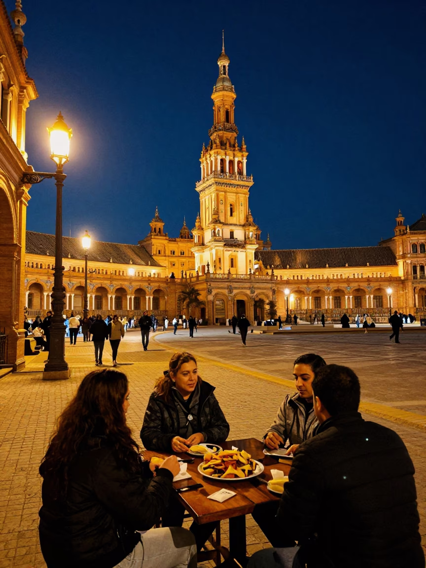 Vibrant Seville Night Street Scene with Traditional Spanish Tapas and Lively Urban Atmosphere in in Seville, Spain