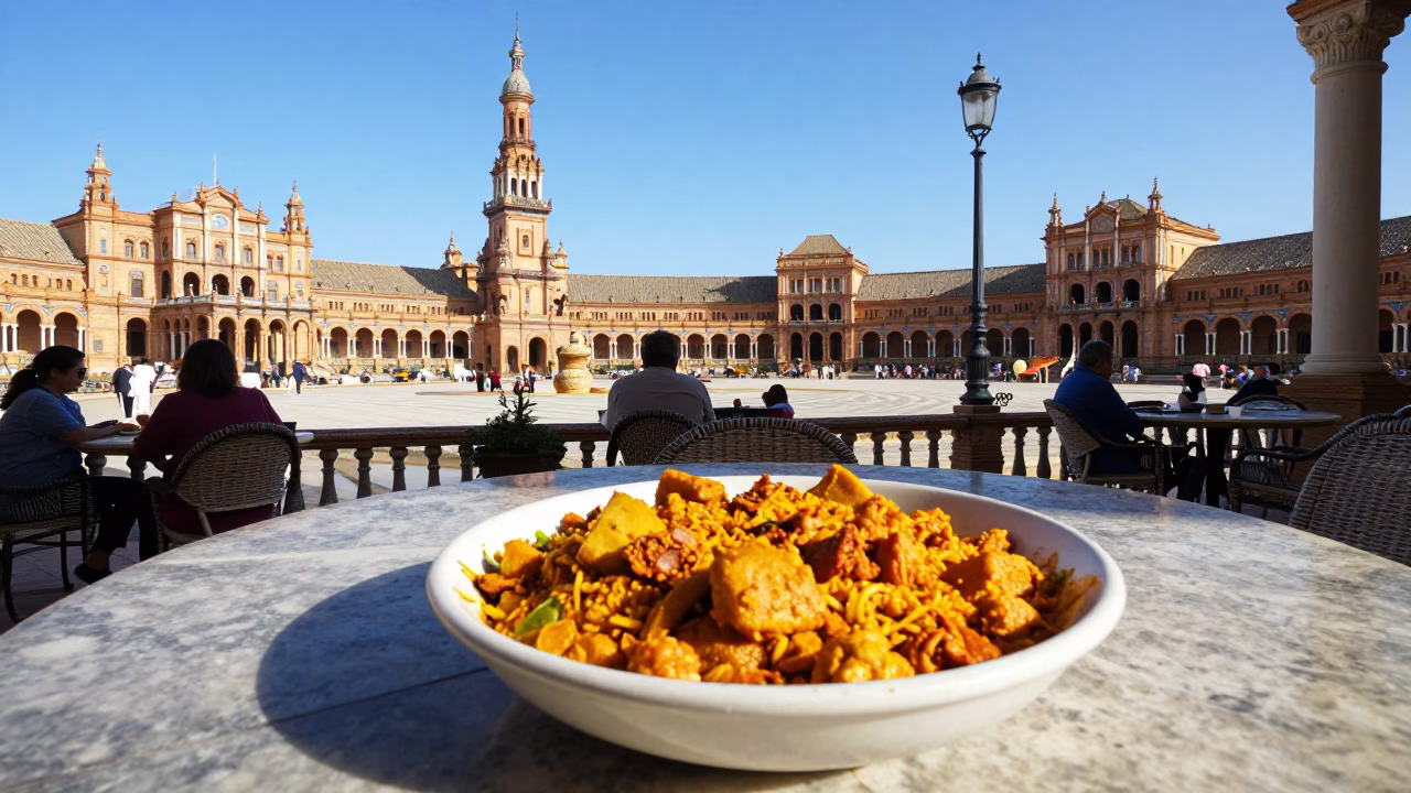 Vibrant Seville Plaza Afternoon Scene with Traditional Spanish Food and Architectural Details in in Seville, Spain