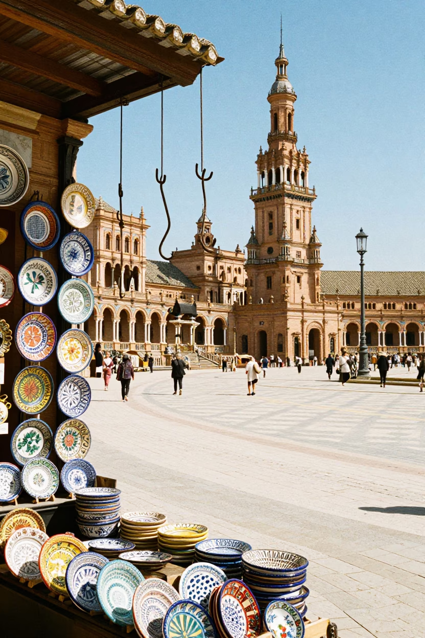 Vibrant Seville Plaza Scene with Iron Hooks and Traditional Pottery in Bright Midmorning Light in in Seville, Spain